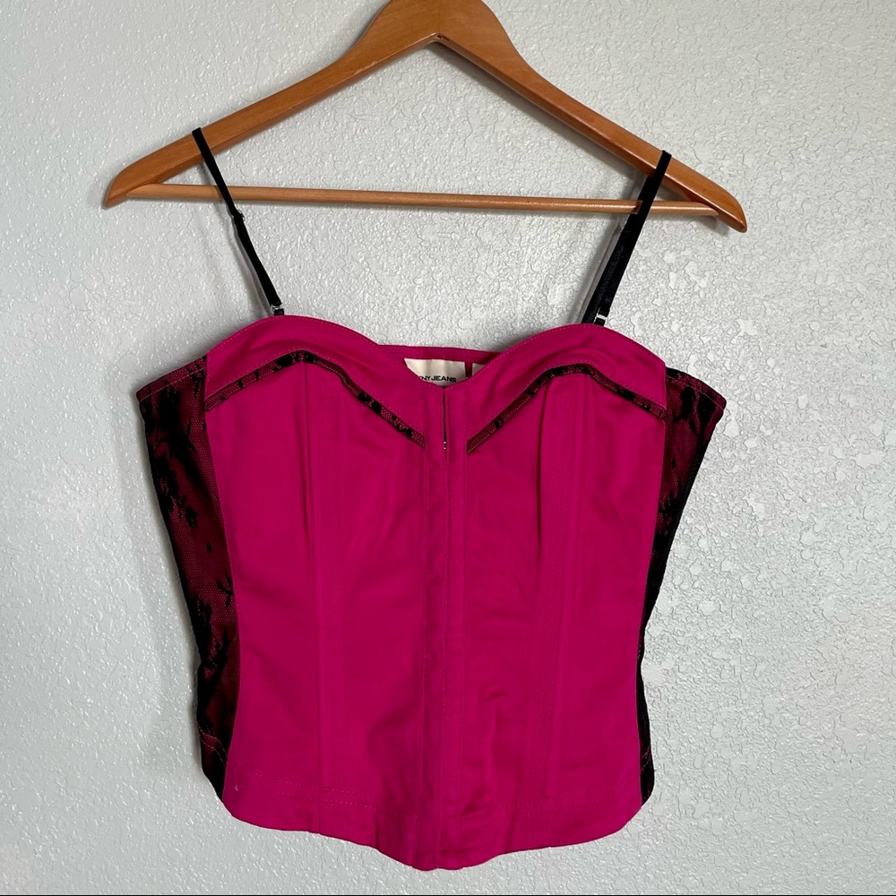 DKNY Jeans - Fuchsia Corset Top Black Lace Side Trim - Size L
